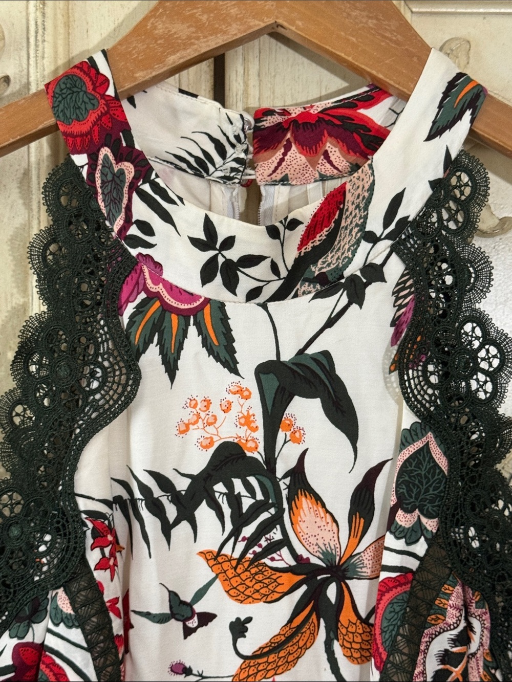 by Anthropologie Floral Lace-Trim Midi Dress in White with Red & Pink Blooms S-8 - Picture 10 of 16